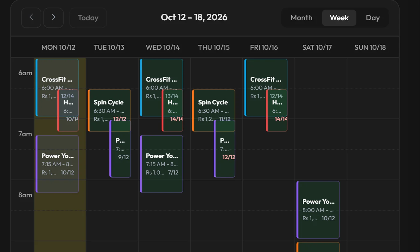Workzish class calendar with a weekly timetable and bookings