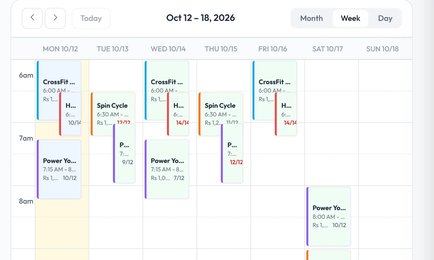 Workzish class calendar with a weekly timetable and bookings